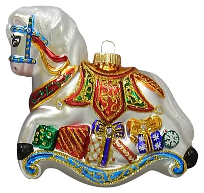 Produktbild von Krebs Glas Lauscha Christbaumschmuck - Schaukelpferd mit Geschenken - aus Glas - 15 cm - handbemalt und mundgeblasen