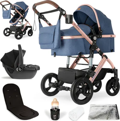 A collage of a baby stroller system and its accessories.