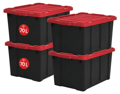 Image de Boîtes de rangement robustes Iris Ohyama, 68 litres, lot de 4, couleur rouge, grandes, résistantes, empilables