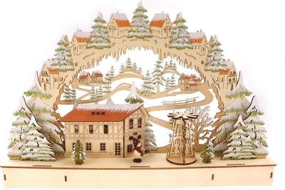 Produktbild von 3D Schwibbogen Lichterbogen Holzschnitt, versch. Häuser, Glitzer, 44,5*7*29,5cm, batteriebetrieben, Timer Funktion (6h on/18h off) Weihnachtsdeko Fensterschmuck