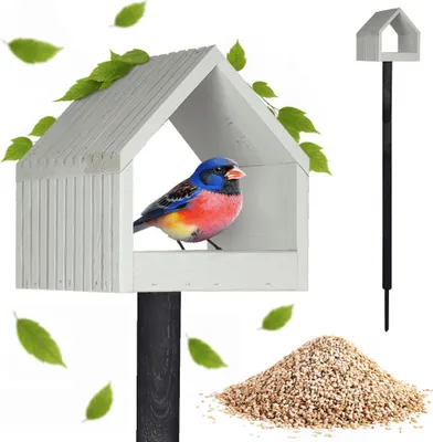 Produktbild von PATKAR Vogelhaus Futterhaus für Vögel mit Ständer aus Kieferholz - Vogelfutterhaus Vogelfutterstation für Wildvögel Vogel Futterstation Geriffeltes Dach + 500g Futter Gratis
