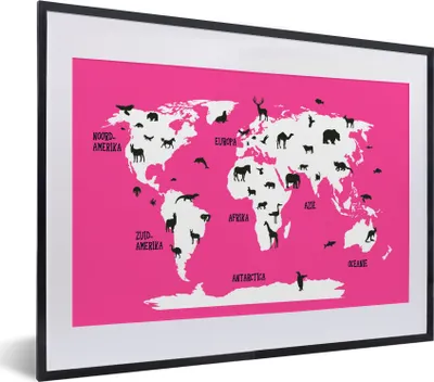 Produktbild von MuchoWow® MuchoWow® Gerahmtes Poster Weltkarte Kinder - Tiere - Rosa 40x30 cm - Poster mit zchwarzem Bilderrahmen - Bilderrahmen - Poster im Rahmen