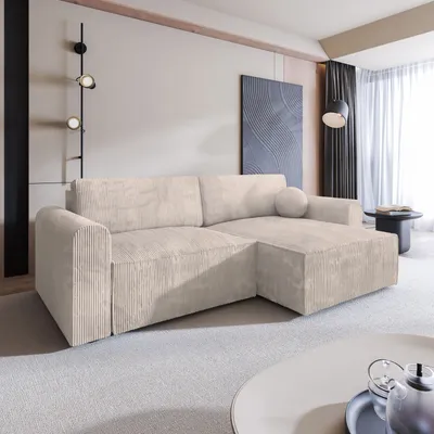 Produktbild von Masseno Ecksofa FIANO P mit Schlaffunktion L-Form, Sofa mit Bettkasten, Wohnzimmersofa, Couch, Soffa, Bettsofa, Couchgarnitur- Creme, POSO 100