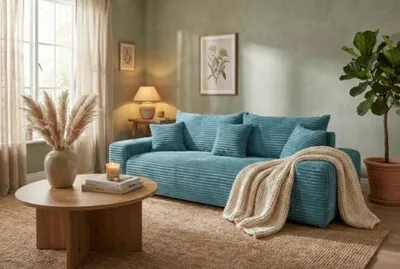 Produktbild von Cord Schlafsofa 3-Sitzer 265 x 105 cm Blau mit Schlaffunktion und Bettkasten