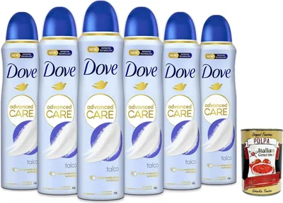 Produktbild von Dove Deodorante Spray Advanced Care Talco, deo Mit feuchtigkeitsspendenden und empfindlichen Formel,ohne Alkohol, 72 Stunden, 6x 150 ml + Italian Gourmet polpa 400g