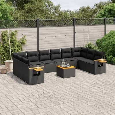 Produktbild von Design 11-tlg. Garten-Sofagarnitur mit Kissen Schwarz Poly Rattan, Gartenmöbel-Sets 2024 Neu