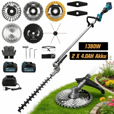 Produktbild von 1380W 2-IN-1 Akku Rasentrimmer & Heckenschere (210 cm/165° ) 18800RPM Bürstenloser mit 2x4.0AH AKKU, 7 Klingentypen, Freischneider für Makita 18V