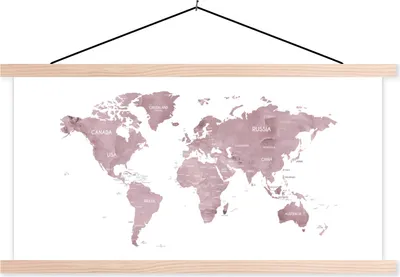 Produktbild von MuchoWow® Textilposter Weltkarte - Rosa - Marmor 60x30 cm mit holzfarbenen Rahmen - Dekoration
