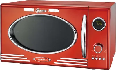 A red retro-style microwave oven is shown from the front.