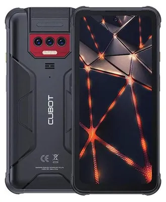 A black CUBOT KingKong 8 smartphone is shown from the front and back against a black background. The screen displays a geometric pattern with orange lines.