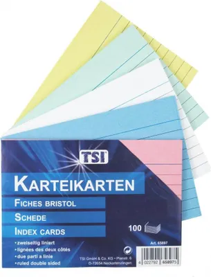Produktbild von TSI Karteikarten A7 liniert 100er Pg. farbig sortiert