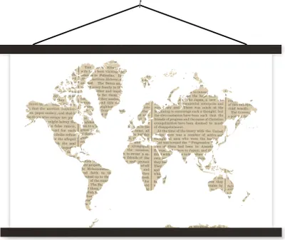 Produktbild von MuchoWow® Textilposter Weltkarte - weiß - Zeitungspapier 120x80 cm mit schwarzem Rahmen - Wanddeko