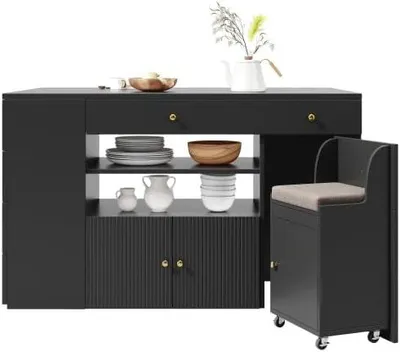 Zdjęcie produktu dla Czarna wyspa kuchenna z barowymi stołkami – rozkładany mebel o wymiarach 140 x 40 (70) x 89 cm, komoda z 6 szufladami, blatem roboczym i przestrzenią do przechowywania na kółkach