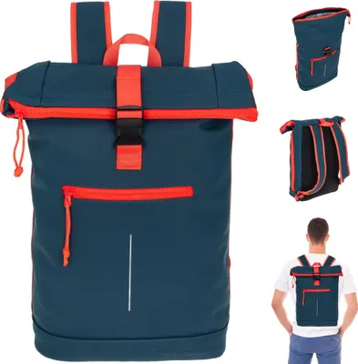 Produktbild von Rucksack Kurierrucksack New Rebels Tim XL A4 Laptopfach Roll-Top Daypack 511289 02  Herren Jungen Schulrucksack Blau + bagboom® Flasche