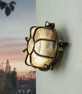 Produktbild von Wandleuchte Außen Antik Echt-Messing Rostfrei E27 Riffelglas Käfigschirm Rund Außenleuchte Feuchtraum Haus