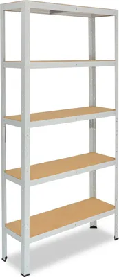 A freestanding, five-tier shelving unit with a light gray metal frame and light brown shelves, presented against a white background.
