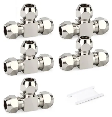 5x T-Stück Kupplung 8mm, vernickeltes Messing, Rohrverbinder
