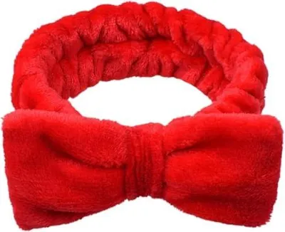 Produktbild von Rotes Make-up-Stirnband mit Schleife aus Korallen-Fleece für Gesichtswäsche, Spa und Hautpflege