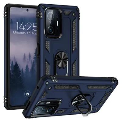 A dark blue phone case with a ring holder is shown from multiple angles, with a phone inside one of the cases.