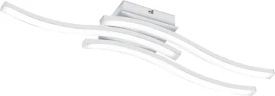 A white, modern ceiling light with curved LED strips.