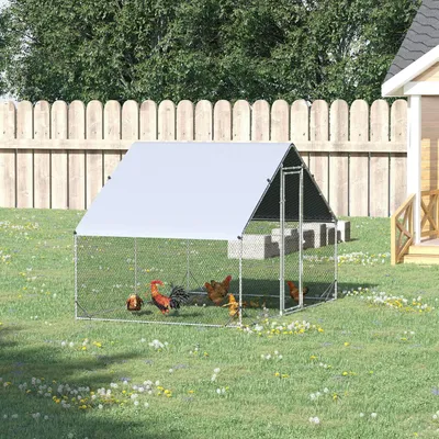 Image de Poulailler avec enclos extérieur accessible, volière pour volaille avec toit ombragé, grillage hexagonal, couleur argent | 300 x 200 x 200 cm | pour 4 à 6 poules | 23 kg