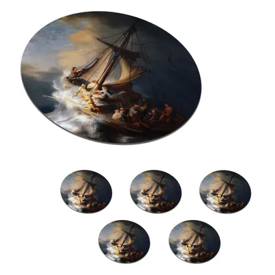 Produktbild von KitchenYeah® Glasuntersetzer Rund 6er Set Der Sturm auf dem See Genezareth - Gemälde von Rembrandt van Rijn 10x10 cm Untersetzer für Gläser - Getränkeuntersetzer - Tischplattenschutz - Tischuntersetz