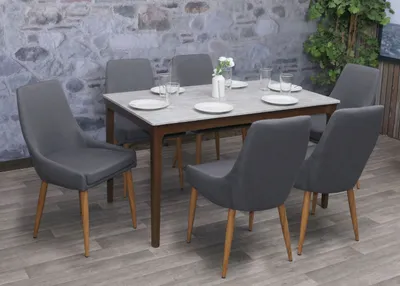 Immagine prodotto di set di 6 sedie da sala da pranzo HWC-B44 II, sedia da cucina design retrò ~ tessuto/tessuto grigio scuro