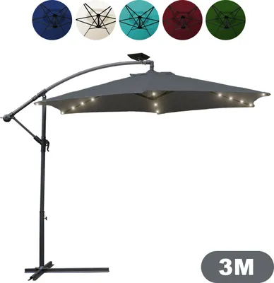 Image de Yakimz Parapluie 300cm éclairage LED & manivelle - protection UV hydrofuge pliable - Parasol de marché - Gris