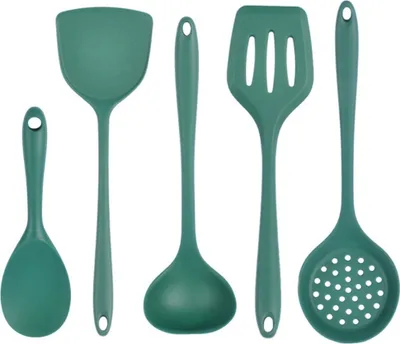 A set of five green kitchen utensils arranged on a white background.
