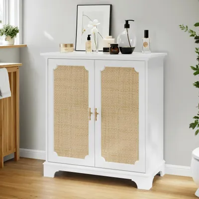 Immagine prodotto di Comodino - Credenza - Armadio contenitore - Mobile d'ingresso - Cassettiera - Bianco - Ante in rattan - Design moderno - Senza legno