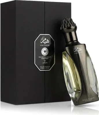 A perfume bottle and its box are displayed.