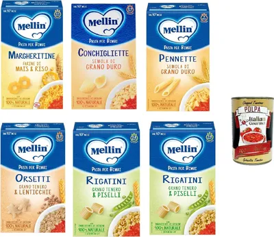 A collection of Mellin pasta boxes and a can of tomato polpa.