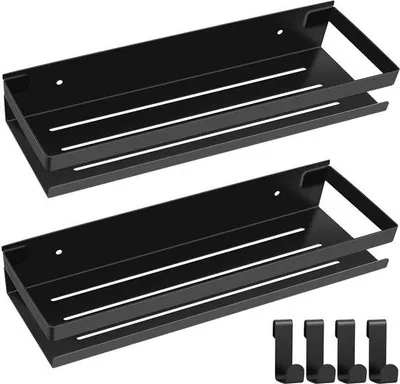 Produktbild von Ibenzoa® Duschablage aus schwarzem Edelstahl 30 x 10 x 5 cm, 2er-Set, ohne Bohren, 4 abnehmbare Haken, Tragkraft 10 kg, schnelle Wasserableitung