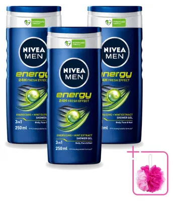 Immagine prodotto di 3 confezioni di gel doccia 2-in-1 NIVEA MEN Energy, 250 ml ciascuna, confezione risparmio, 3 pezzi