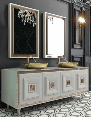 Produktbild von Casa Padrino Luxus Badezimmer Set Weiß / Bronze / Gold - 1 Waschtisch mit 4 Türen und 2 Waschbecken und 2 Wandspiegel - Luxus Badezimmermöbel