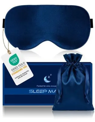 Image de Masque de sommeil 100 % soie pure, hypoallergénique, avec bandeau réglable, unisexe, bleu.