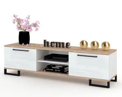 Produktbild von Fernsehschrank TV-Lowboard KING STEHEND MIT GRIFFEN Sonoma Eiche/Weiß Hochglanz 100cm