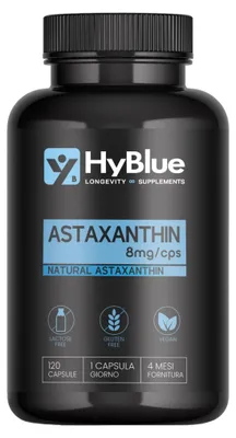 Immagine prodotto di HyBlue Astaxantina Integratore Migliore Antiossidante 8 mg 120 Cps | Astaxantina Pura Alto Dosaggio da Haematococcus Pluvialis | Astaxanthin Senza Glutine Ne Lattosio, 100% Vegano | Fino 4 Mesi
