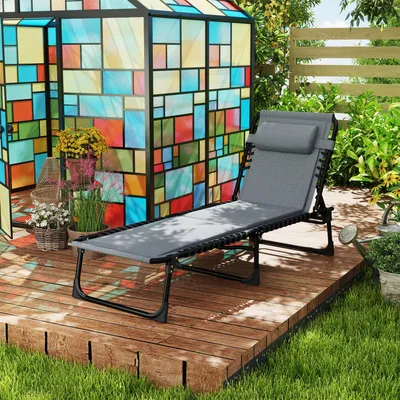 Produktbild von Sonnenliege klappbar 5-stufig bis 180°, gepolstert mit Kopfkissen, Seitentasche, Tragegriff – Gartenliege Oxford Stahl | 68x189x36 cm | 120 kg