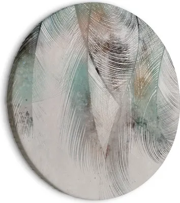 Produktbild von Runde Bilder 80x80 cm Boho Stil Leinwandbild 1 tlg Kunstdruck modern Wandbilder XXL Wanddekoration Design Wand Bild Feder Abstrakt Ornament türkis grau b-A-10245-bc-a