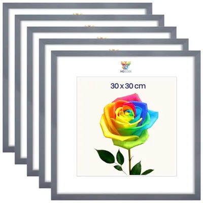 Obrázok produktu pre MG Design, súprava 5 kusov rámov na obrazy, 30 x 30 cm – rámy na plagáty so sivým dreveným rámom a nárazuvzdorným akrylovým sklom, vhodné na zavesenie vertikálne aj horizontálne, s robustným systémom na upevnenie na stenu