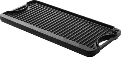 A black cast iron grill plate with raised ridges, shown from a diagonal angle on a white background.