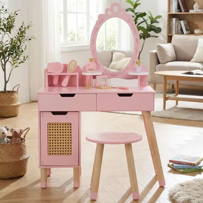 Schminktisch Set für Kinder, Holz, Rosa, mit Hocker und 7 Accessoires