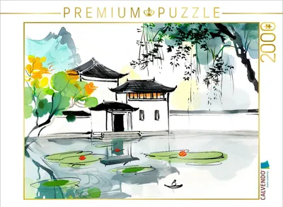 Produktbild von CALVENDO Puzzle Chinesische Tempelanlage am Seerosenteich. Tuschemalerei | 2000 Teile Lege-Größe 90x67cm Foto-Puzzle für glückliche Stunden