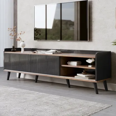 Produktbild von Odikalo TV-Schrank Fernsehtisch TV Board Lowboard 2 Schubladen Schiebetüren Schwarz