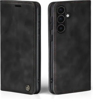 A black flip case for a smartphone is shown from two angles.