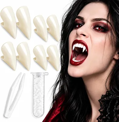 Productafbeelding van Vampiertanden - 4 paar vampiertanden - 4 maten - Halloween - Vampierkostuum - Cosplay-accessoires met tandlijm