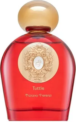 A red perfume bottle with a gold cap and a decorative label.