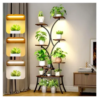 Produktbild von 160 cm Pflanzenständer mit Wachstumslicht für den Innenbereich, dekoratives Blumenregal, 8 Ebenen für Zimmerpflanzen im Wohnzimmer, Metall und Holz