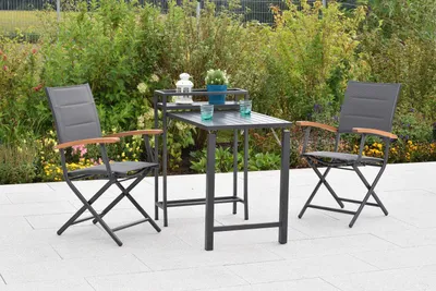 Produktbild von Merxx Gartenmöbel Set Paxos 3tlg., 2 Klappsessel, Balkonklappentisch 23 (91) x 60 x 75 (88) cm- Aluminium/Akazie/Textil